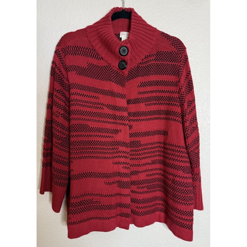 Chicos 3 US XL Cardigan Sweater Red Black Mock Neck Button Wool Blend Knit Chic